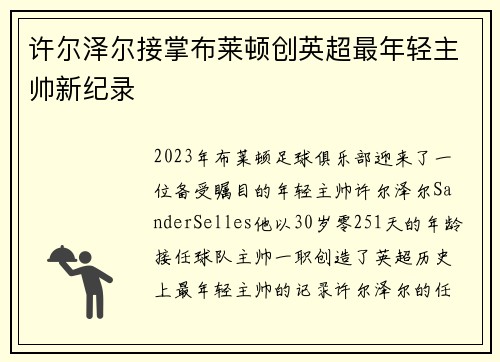 许尔泽尔接掌布莱顿创英超最年轻主帅新纪录